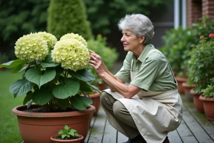 Jardinière examinant une feuille jaunie d'hortensia en pot dans un jardin ombragé