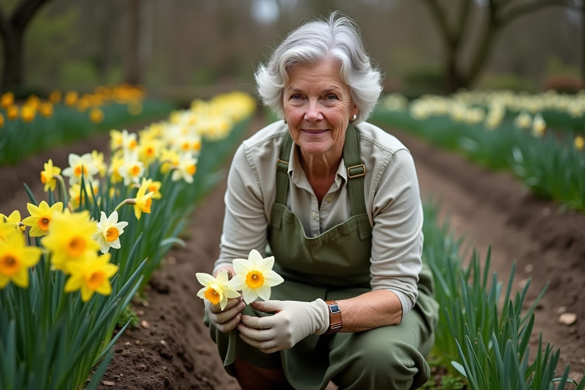 Jardinière tenant deux variétés de narcisses différentes dans un jardin fleuri de printemps pour illustrer leurs différences