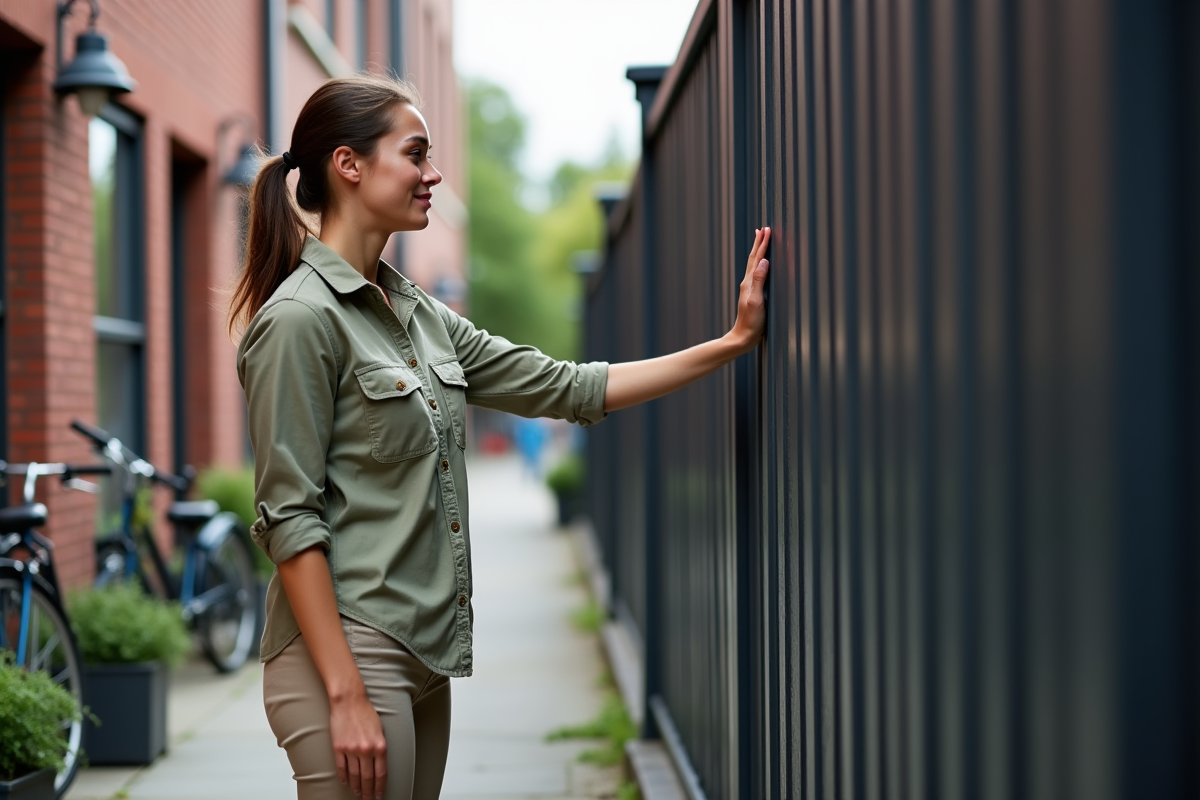 Jeune femme examinant une cloture en composite en ville