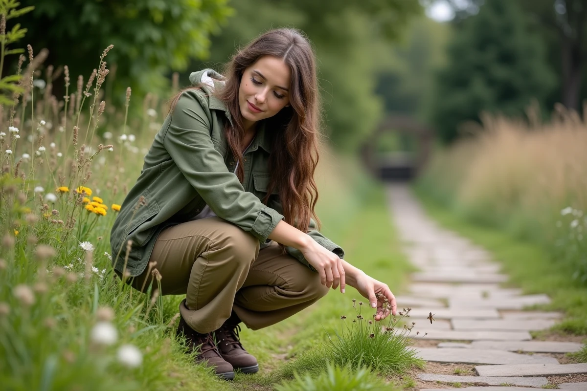 Jeune femme examinant la végétation sauvage du jardin