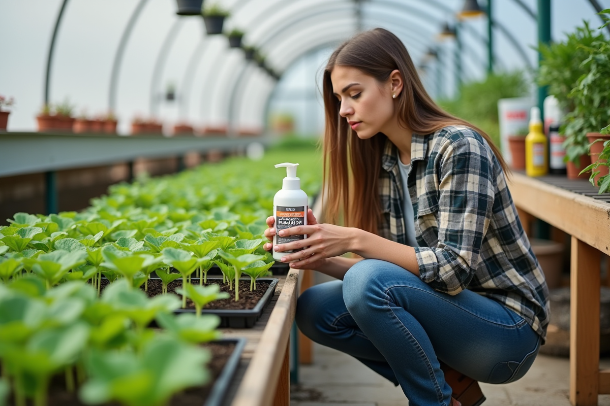 Jeune femme compare un fongicide dans une serre verte