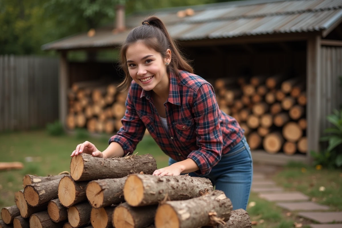 Jeune femme empilant du bois d