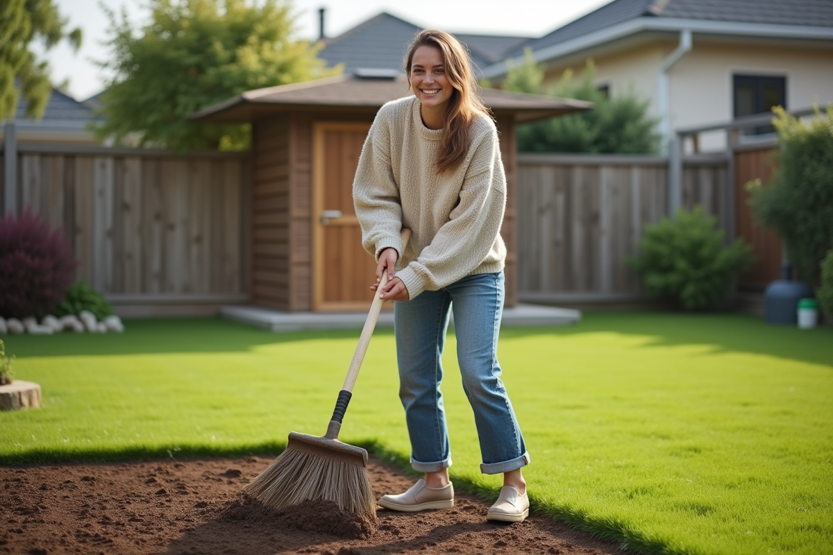 Jeune femme râtissant la pelouse japonaise dans un jardin