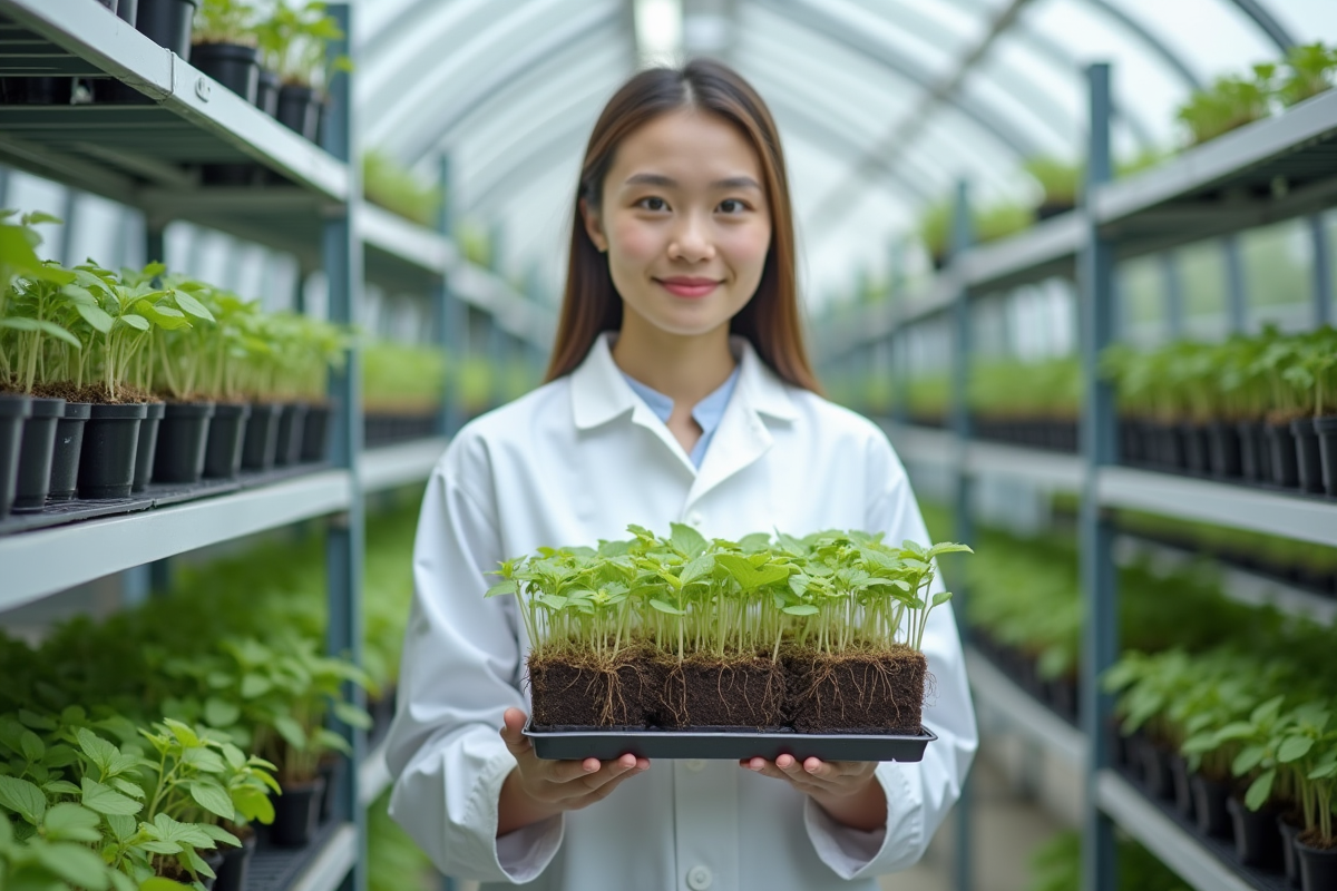 Jeune scientifique tenant un plateau de jeunes plants en serre