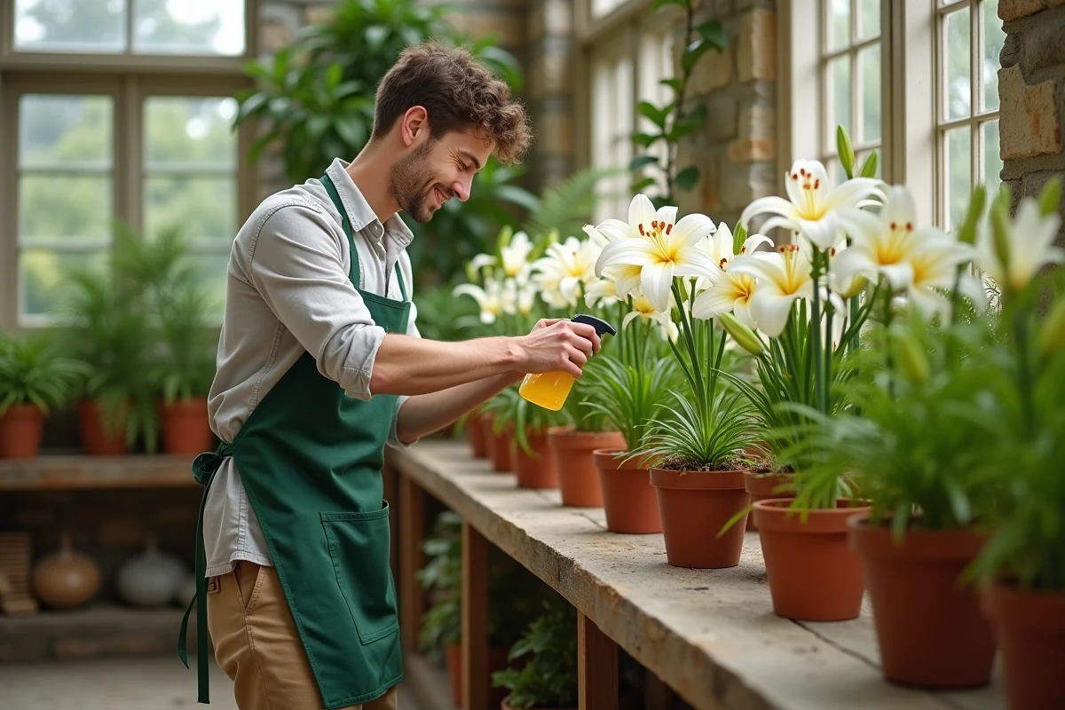 Jeune homme appliquant spray d ail sur lys en intérieur