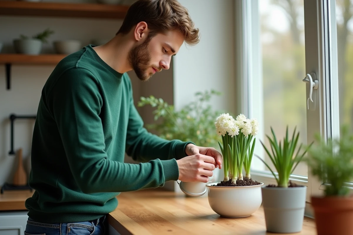 Jeune homme vérifiant des bulbes d hyacinth dans la cuisine