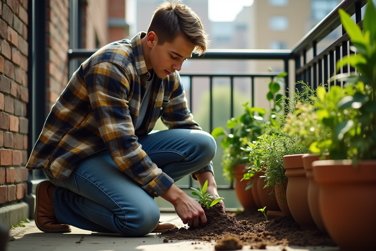 Jeune homme plantant des plantes d