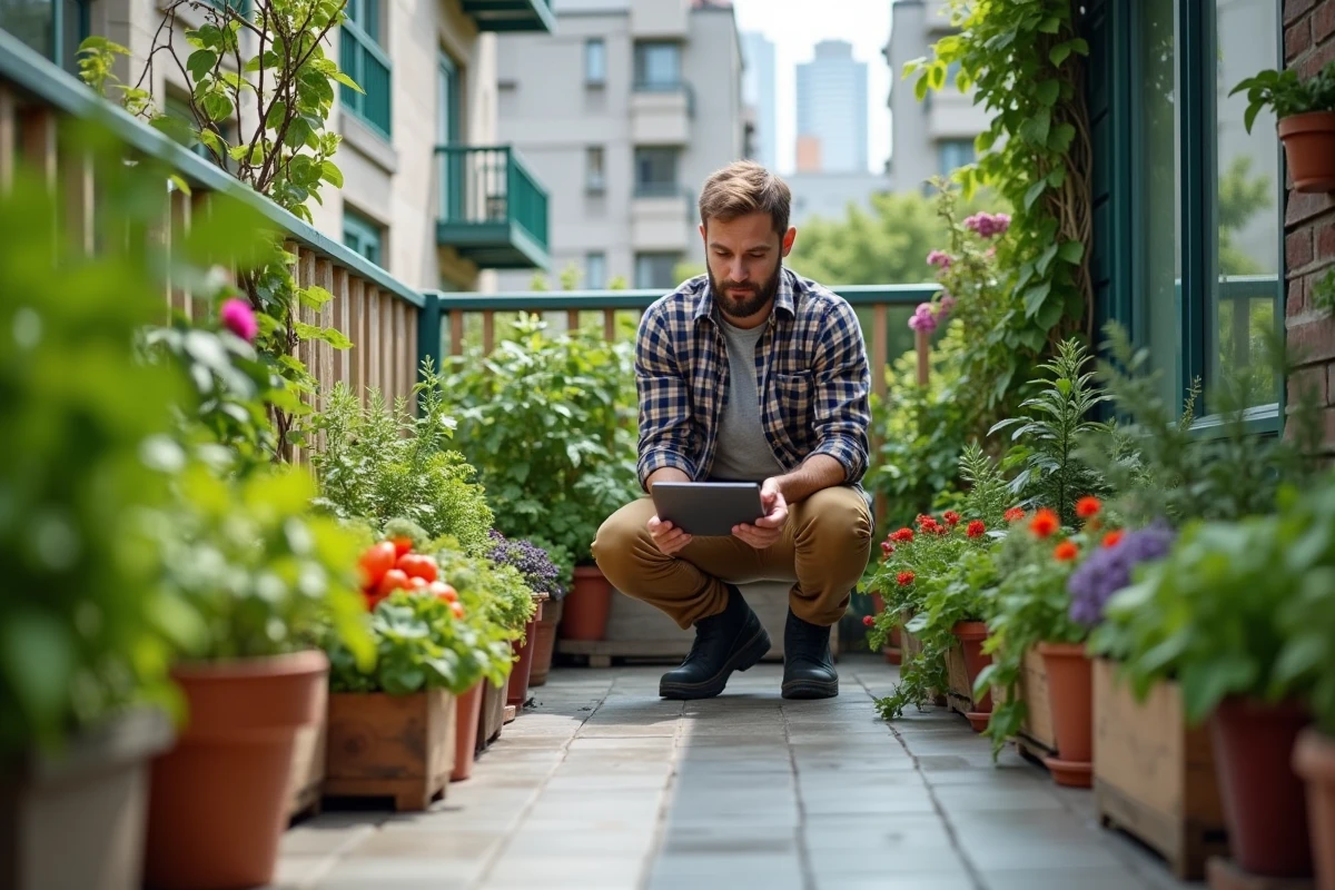 Jeune homme en potager urbain avec tablette en main