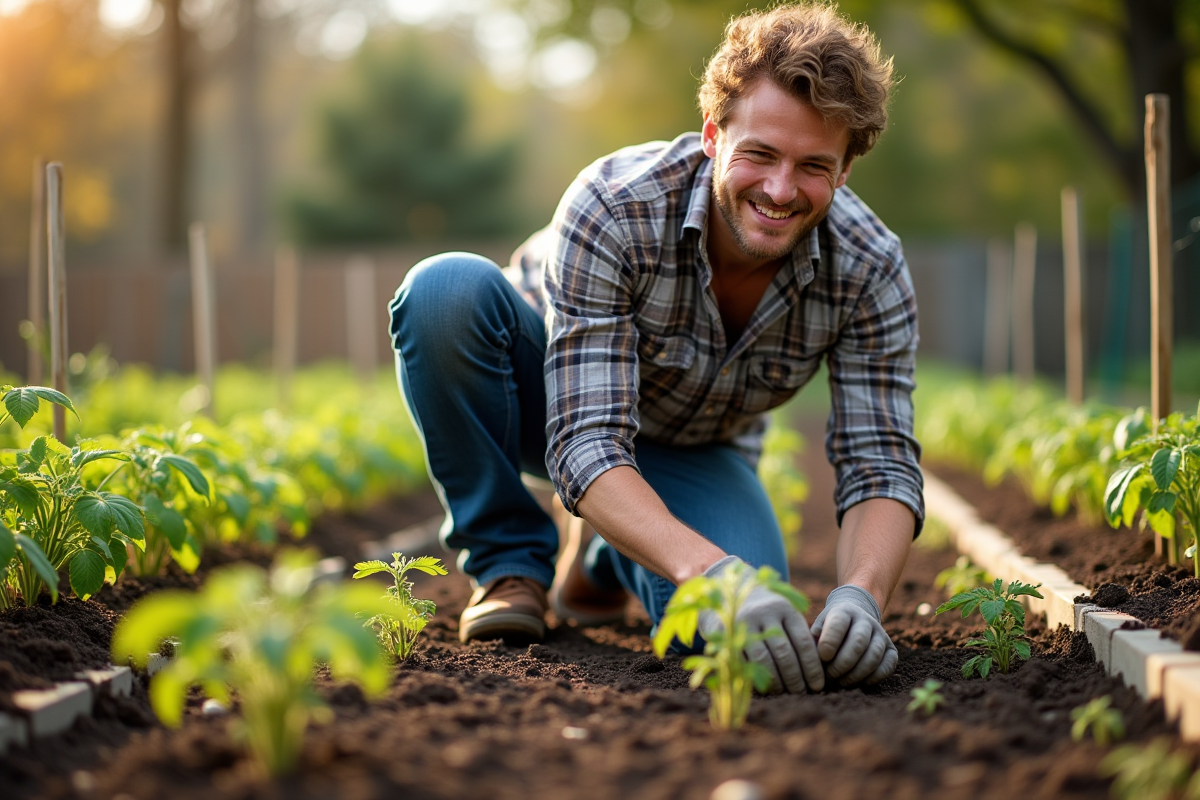 Jeune homme transplantant des plants de tomates dans le jardin