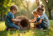 Jeunes enfants construisant un abri à oiseaux en nature