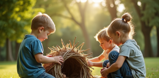 Jeunes enfants construisant un abri à oiseaux en nature