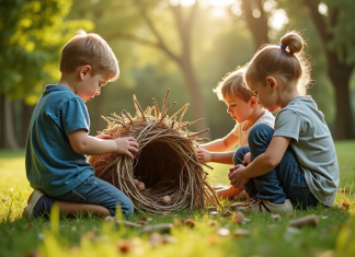 Jeunes enfants construisant un abri à oiseaux en nature