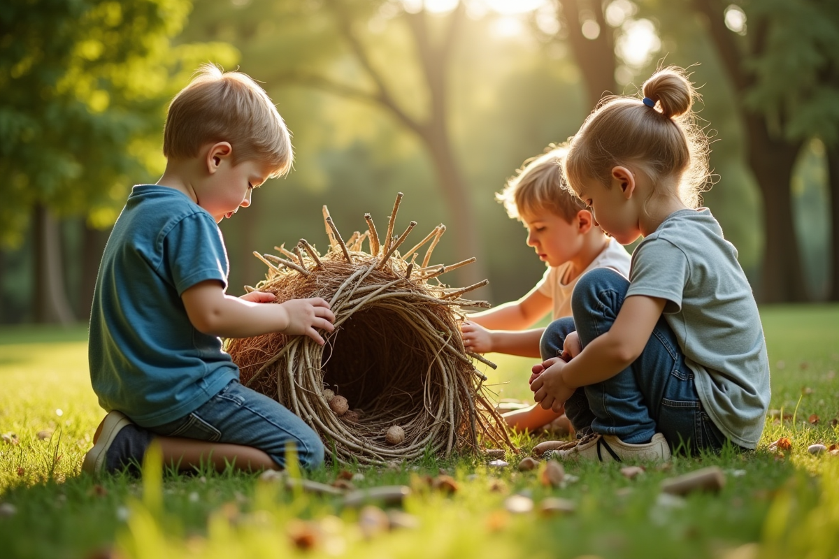 Jeunes enfants construisant un abri à oiseaux en nature