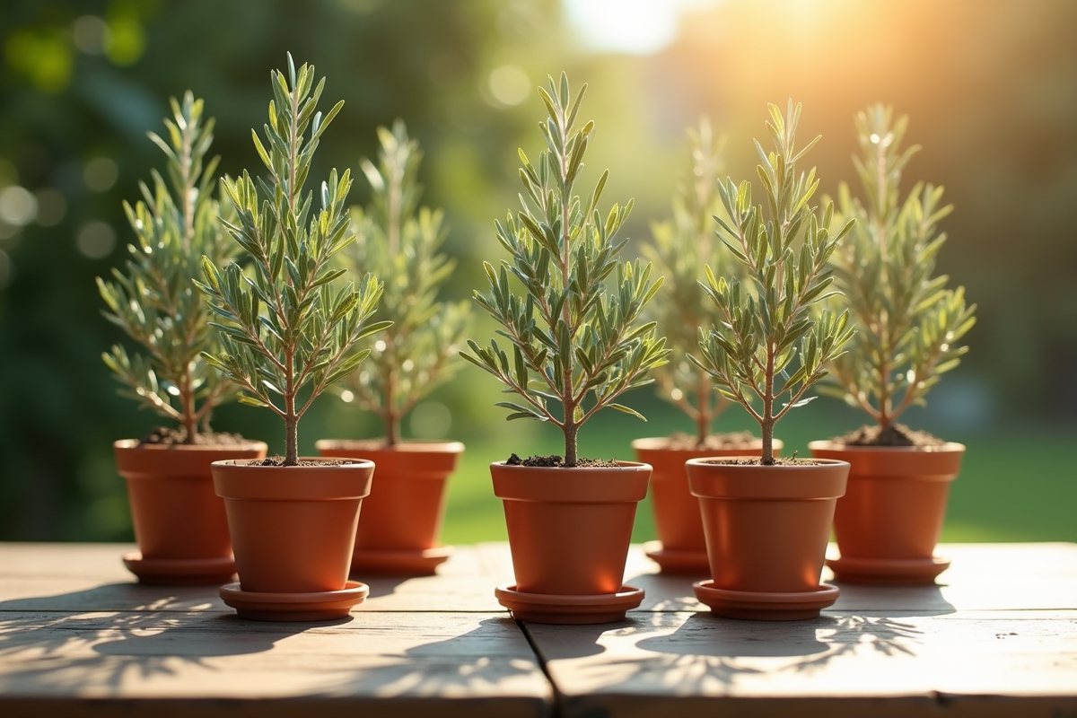 Jeunes oliviers en pots sur une table en bois en plein air