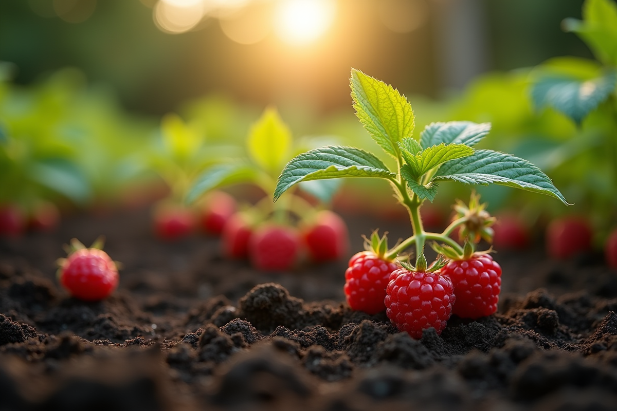 Jeunes plants de framboises dans la terre humide du jardin
