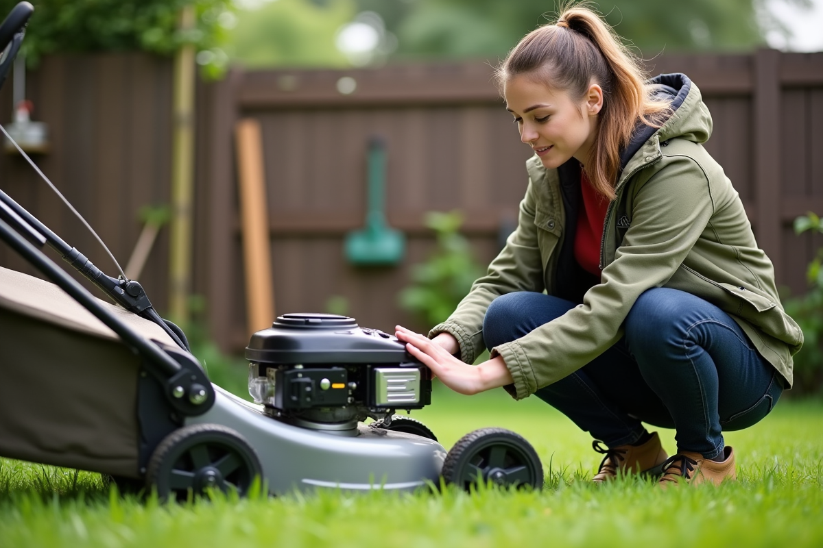 Femme examinant une tondeuse dans un jardin soigné