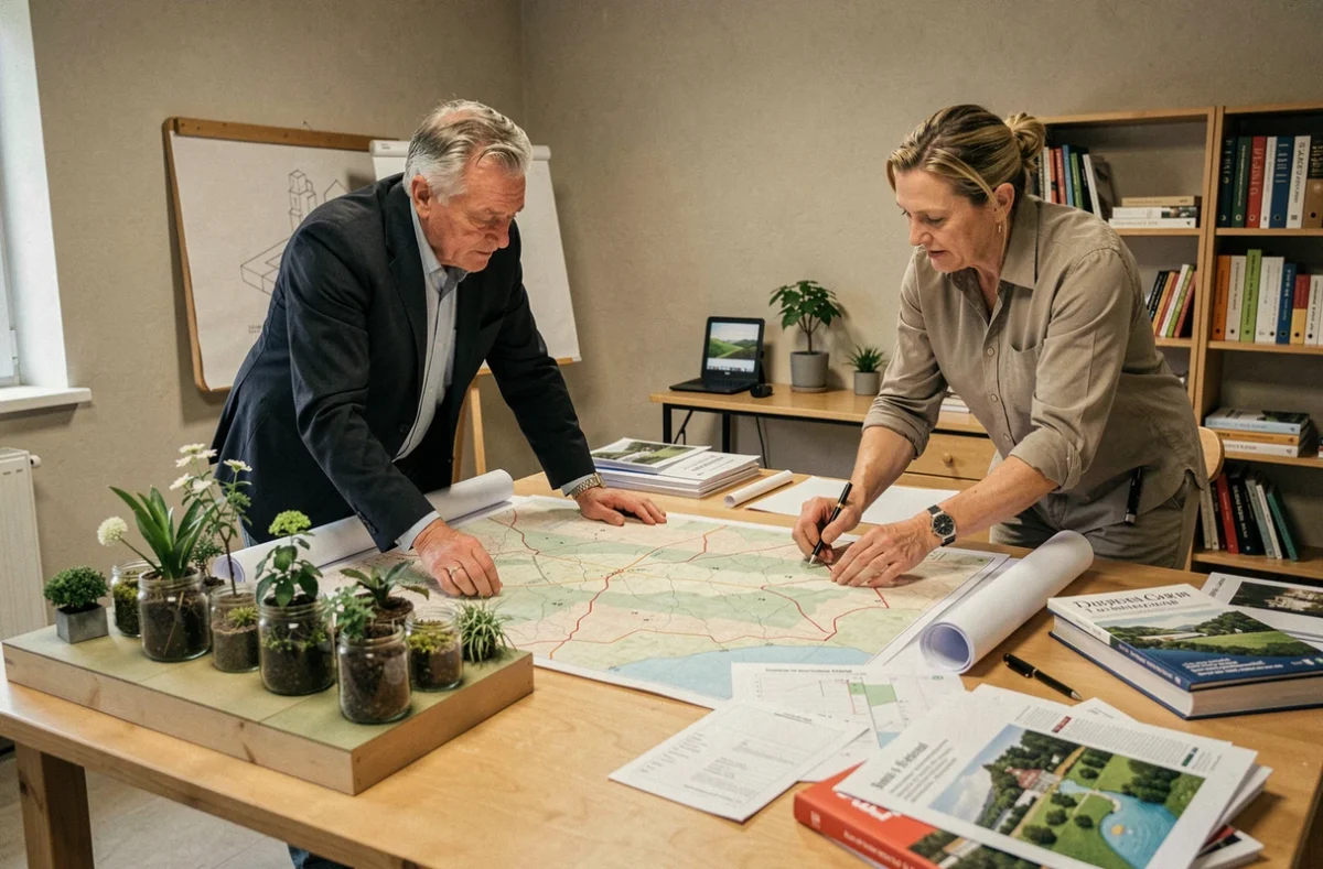 Réunion de travail du bureau d'études Land Territoires et Paysages dans le Nord autour de plans paysagers et de maquettes