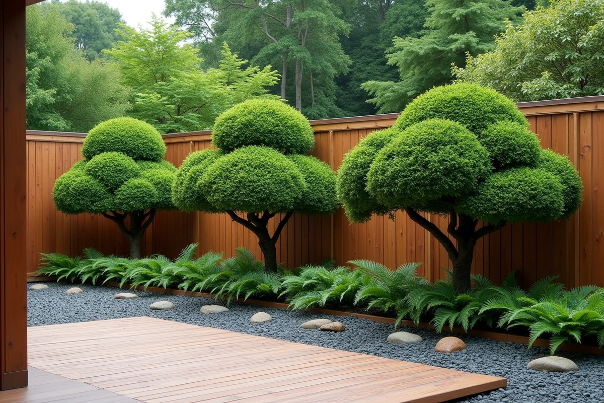 Trois lauriers taillés en nuage dans un jardin contemporain d'inspiration japonaise avec galets et fougères