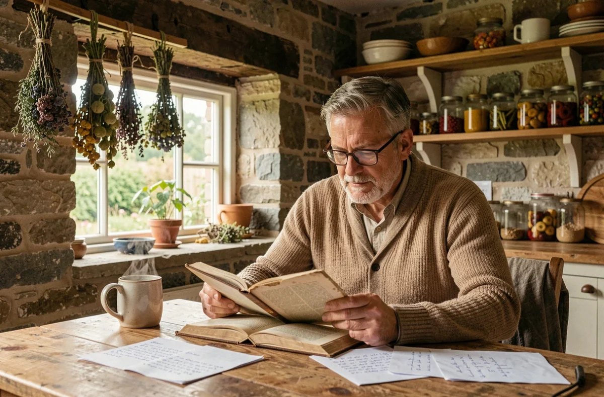 Homme lisant un livre sur la permaculture dans une cuisine rurale entourée de conserves et d'herbes séchées