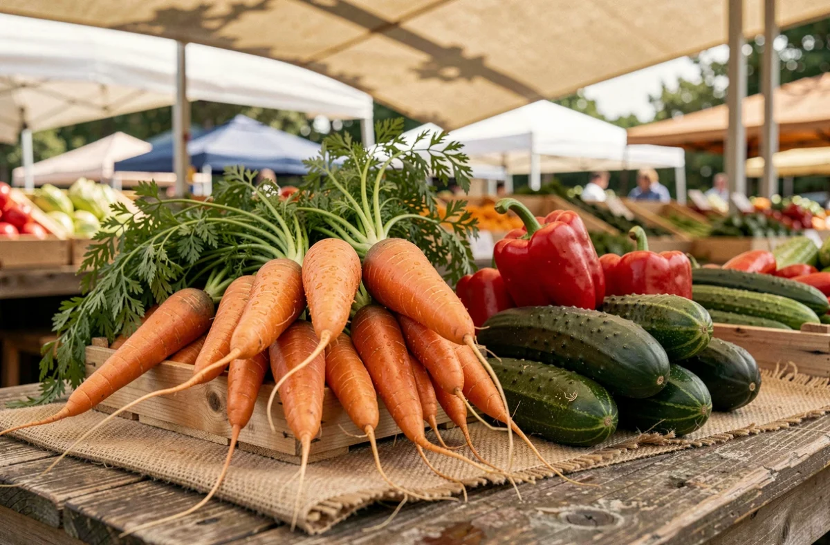 Gros plan sur des légumes frais dans une caisse en bois au marché, carottes poivrons et concombres