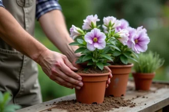 Mains d'un jardinier apportant de l'engrais granulé au pied d'un lisianthus en pot sur un établi de jardinage