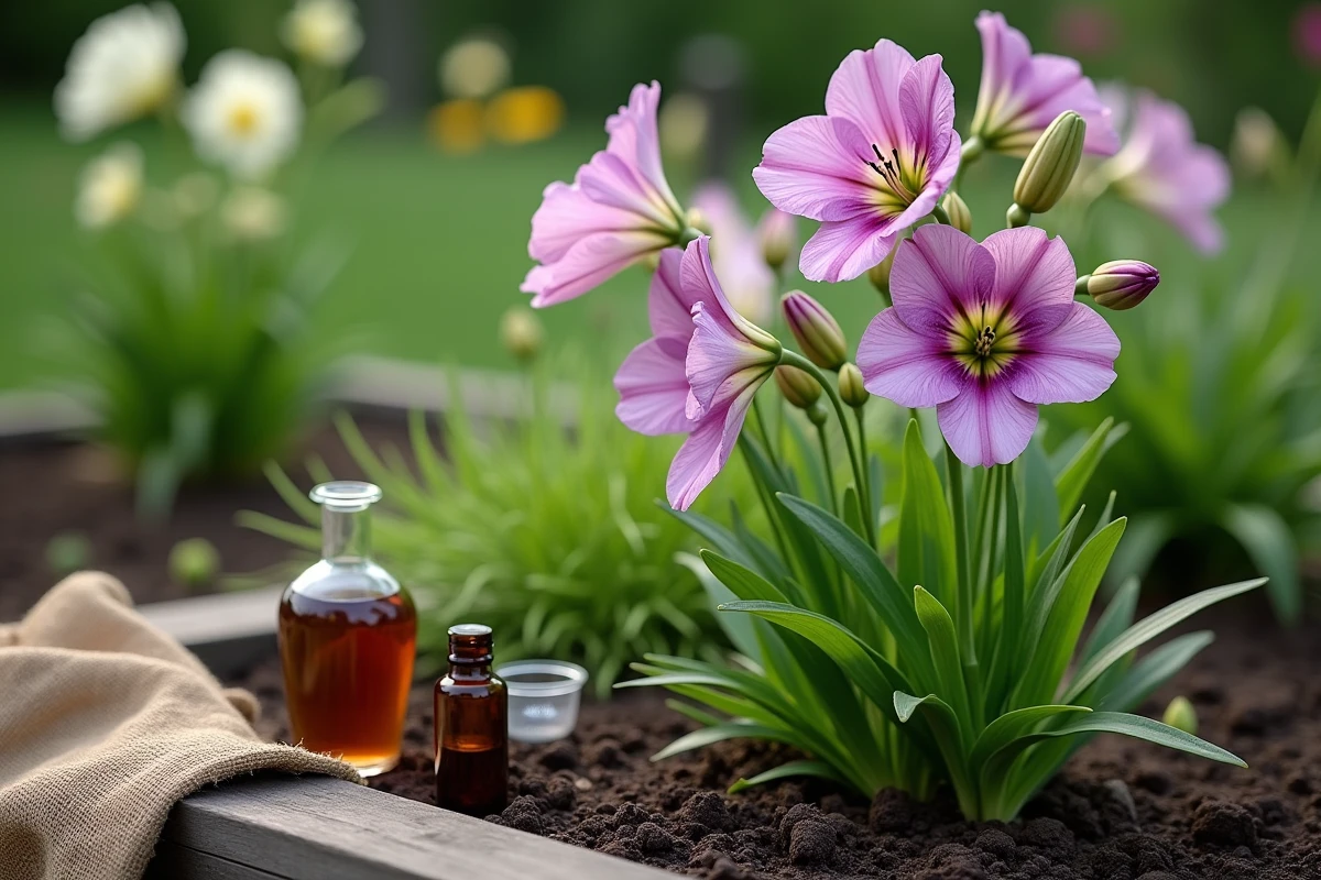 Lisianthus en pleine floraison dans un parterre de jardin avec engrais liquide et accessoires de fertilisation posés au sol