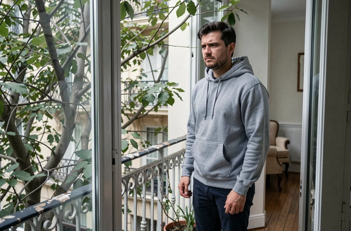 Locataire regardant des branches d'arbre envahissantes depuis le balcon de son appartement