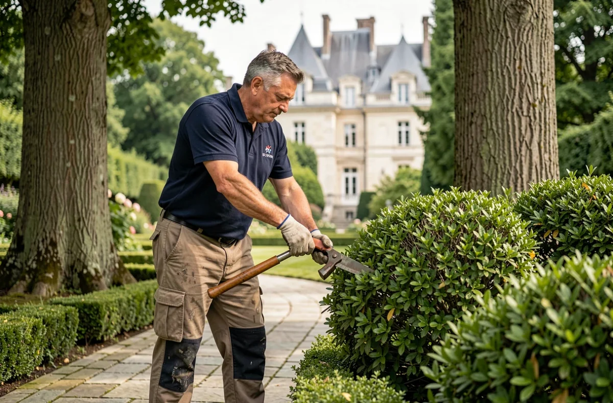 Paysagiste LPC Services taillant des arbustes ornementaux le long d'une allée en pierre dans un jardin champenois