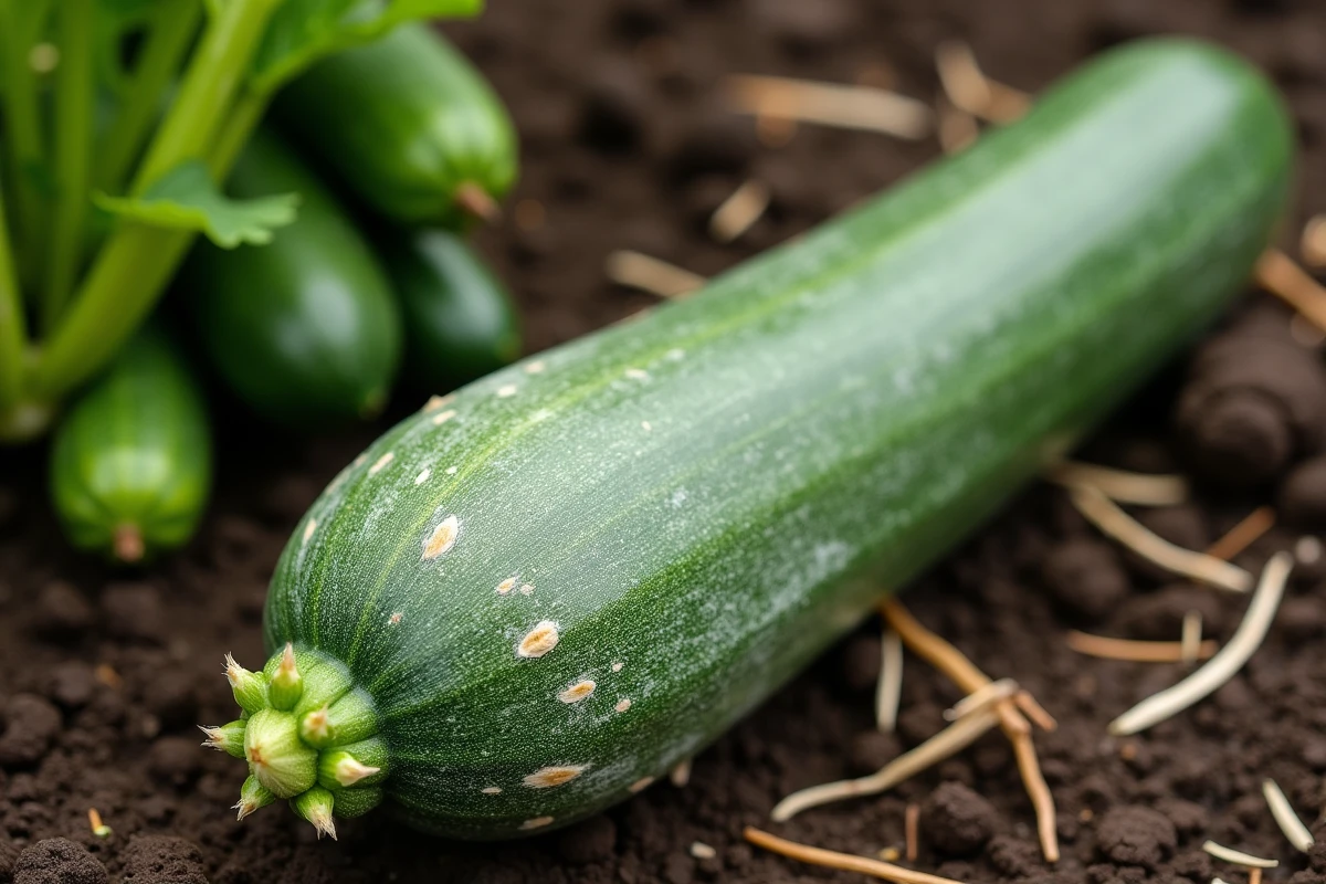 Feuille de courgette atteinte d'oïdium avec taches blanches poudreuses sur fond de sol de jardin potager