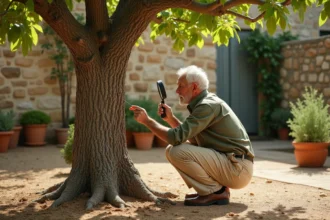 Jardinier examinant l'écorce d'un figuier sans fruits dans un jardin méditerranéen, suspectant une maladie silencieuse