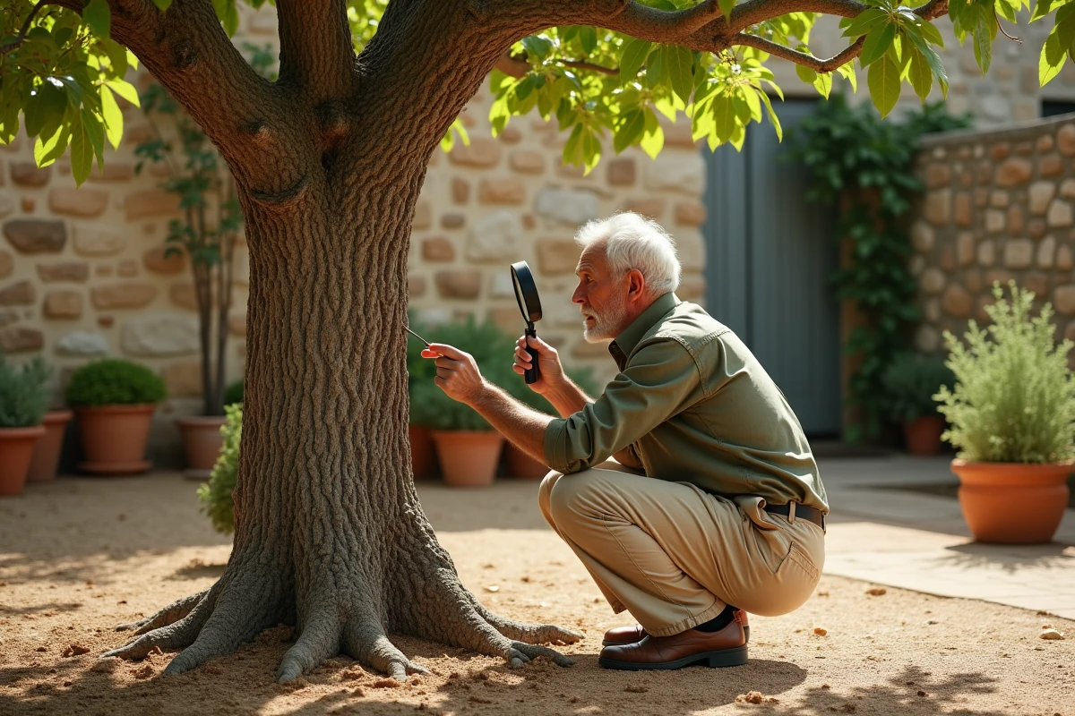Jardinier examinant l'écorce d'un figuier sans fruits dans un jardin méditerranéen, suspectant une maladie silencieuse