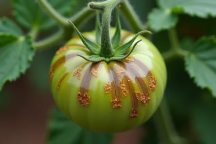 Feuille de plant de tomate atteinte d'alternariose avec taches brunes concentriques caractéristiques