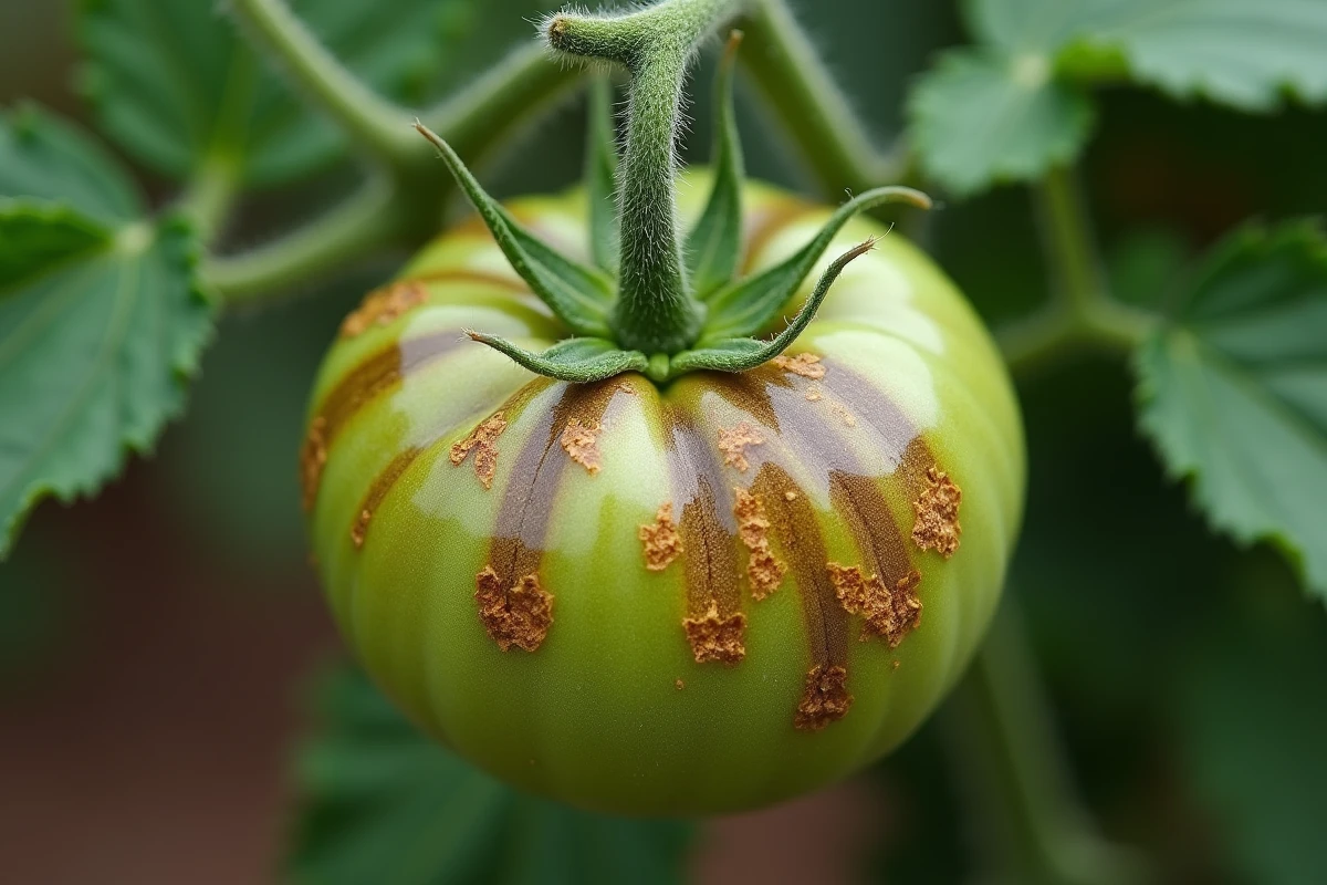 Feuille de plant de tomate atteinte d'alternariose avec taches brunes concentriques caractéristiques