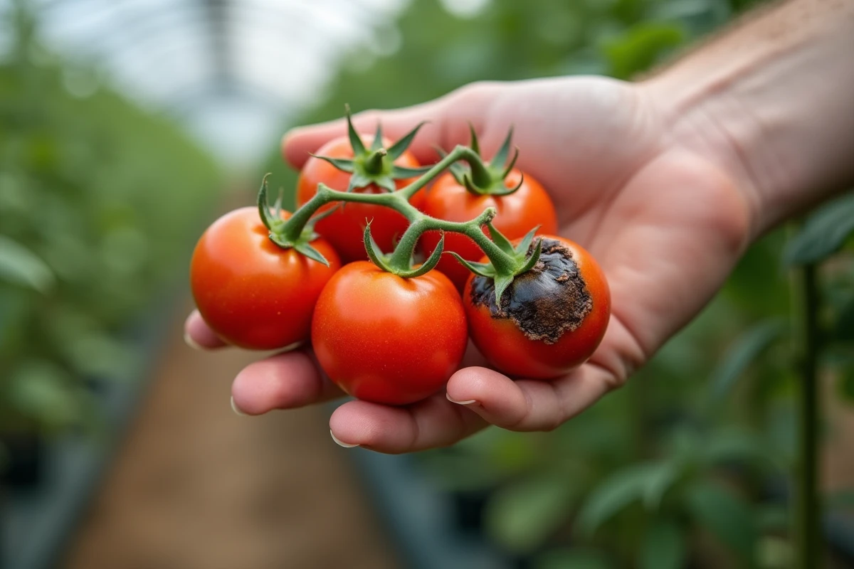Main de jardinier tenant des tomates atteintes de nécrose apicale avec taches noires au bas des fruits