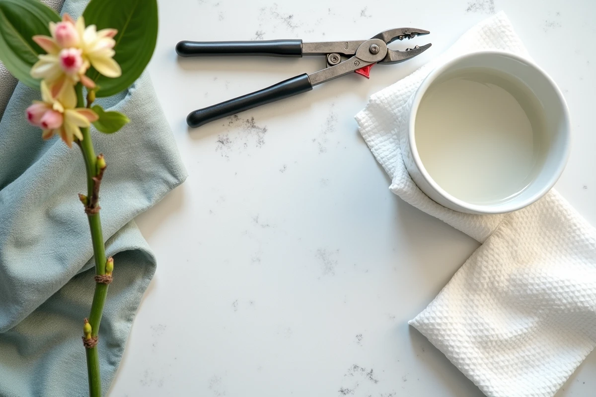 Vue de dessus du matériel nécessaire pour couper une orchidée correctement, avec sécateur, tige coupée et nœud visible