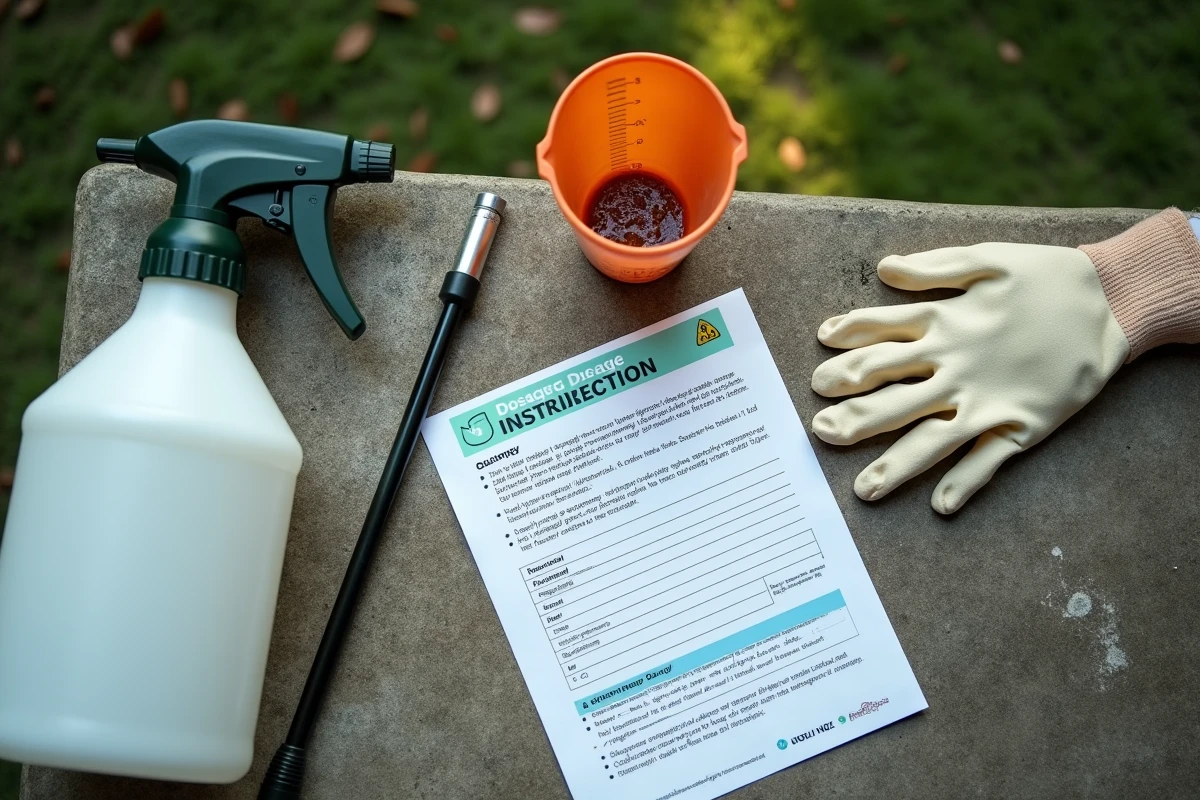 Vue à plat du matériel de jardinage incluant un pulvérisateur 5 litres, une tasse doseuse et une fiche de dosage Roundup sur une surface en béton