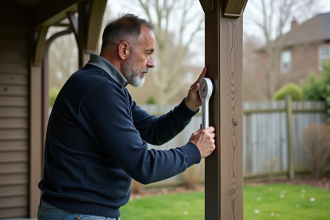 Homme d'âge moyen installant un thermometre blanc sur un mur en bois