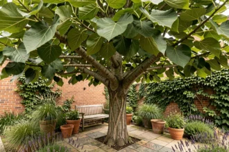 Mûrier platane adulte planté dans un petit jardin urbain avec pavés en pierre, banc en bois et bordures de lavande