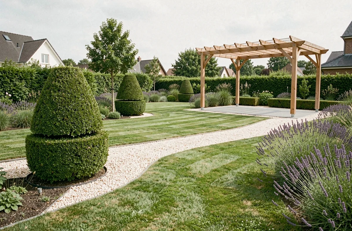 Jardin résidentiel soigné avec topiaires et pergola bois aménagé par Natural Paysages à Neuville-en-Ferrain
