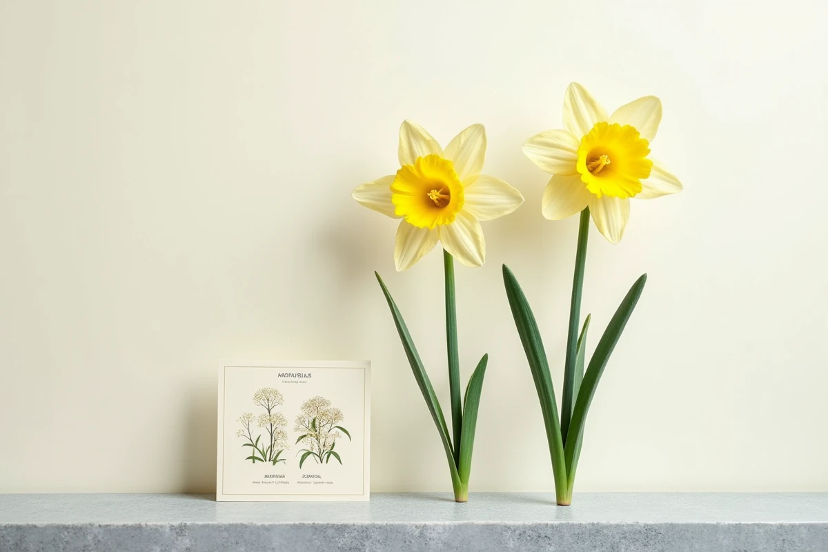 Nature morte botanique studio comparant trois types de narcisses avec carte d'identification vintage sur pierre grise