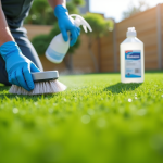 Personne nettoyant gazon artificiel avec brosse et spray
