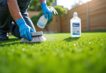 Personne nettoyant gazon artificiel avec brosse et spray