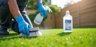 Personne nettoyant gazon artificiel avec brosse et spray
