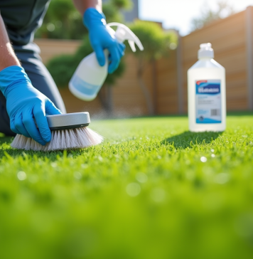 Personne nettoyant gazon artificiel avec brosse et spray