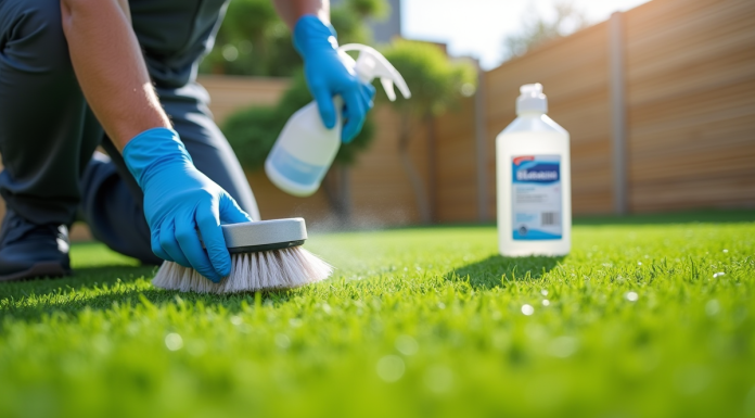 Personne nettoyant gazon artificiel avec brosse et spray