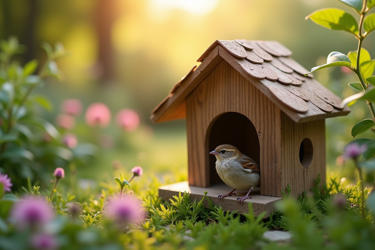 Niche à oiseaux faite main dans un jardin vibrant