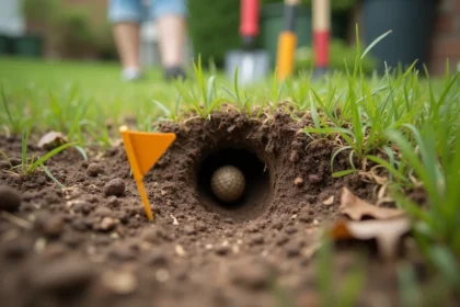 Nid de guêpes souterrain dans un jardin avec un signal d'avertissement planté dans le sol à proximité