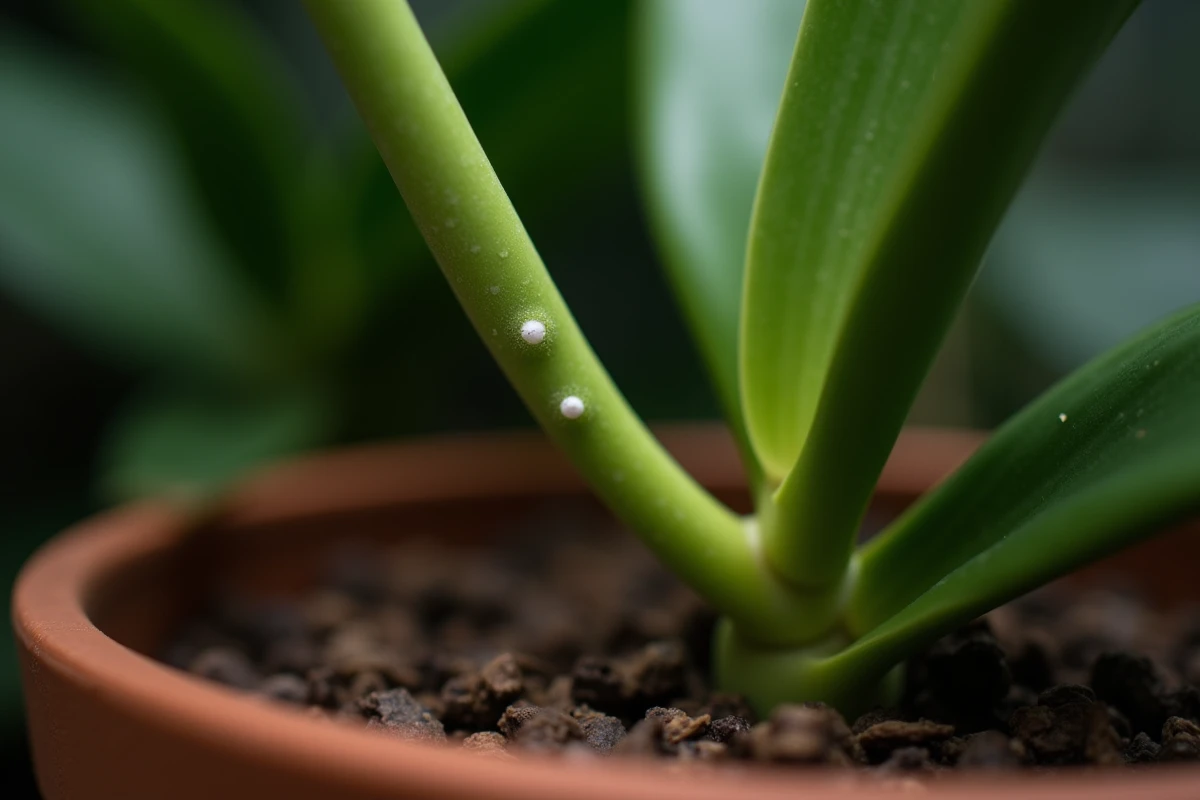 Tige d'orchidée avec nœuds clairement visibles marqués pour identifier l'endroit précis de la coupe