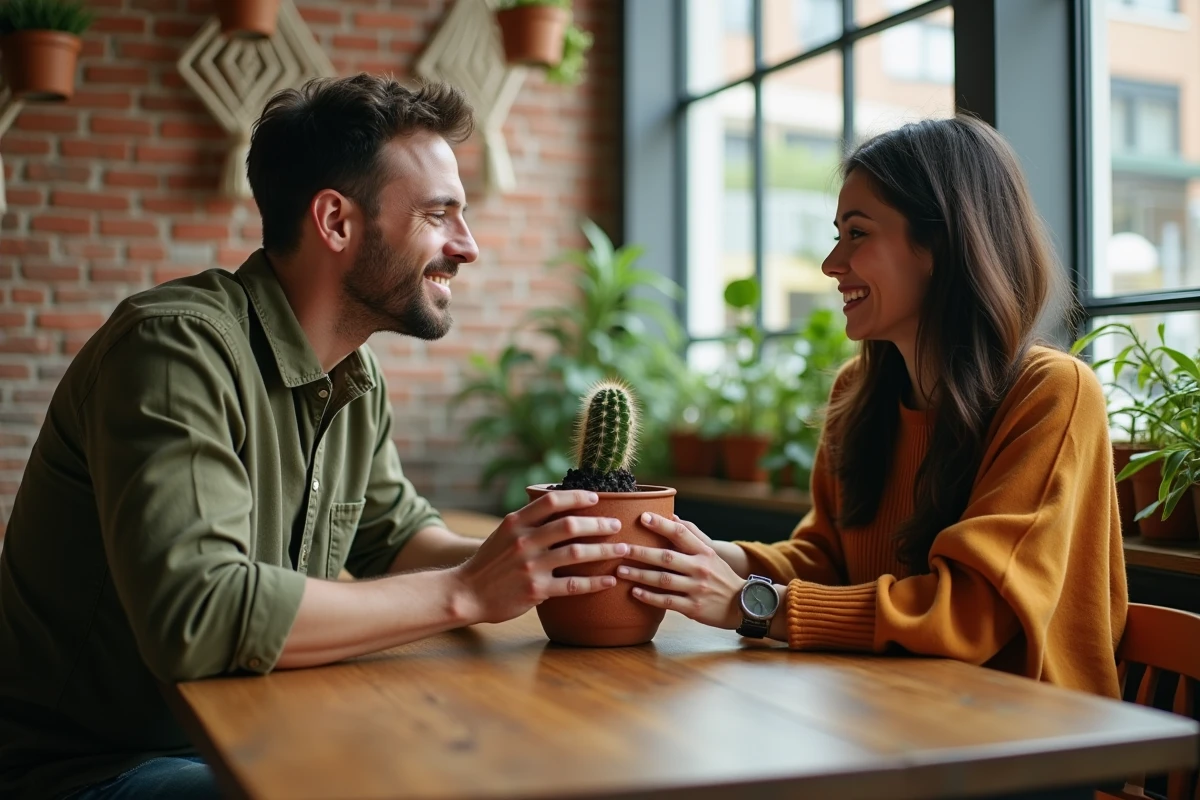 Homme offrant un cactus en pot à une femme dans un café urbain moderne, illustrant la signification d'un cactus comme cadeau entre amis ou partenaires