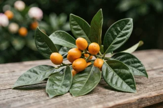 Gros plan sur les fruits et feuilles brillantes de l'Oranger du Mexique (Choisya ternata) posés sur une table en bois patiné